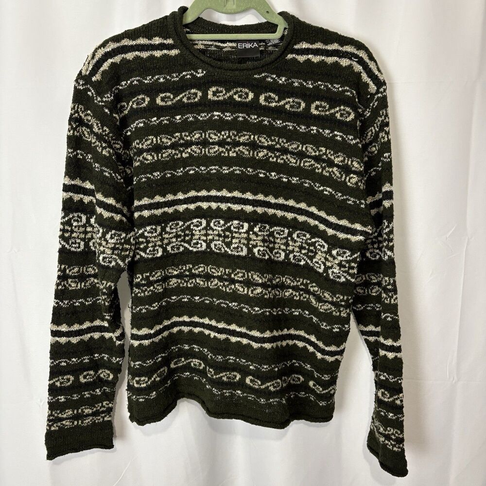 Erika & Co Vintage Sweater Womens L Fair Isle Olive Green Grunge Grandpa
